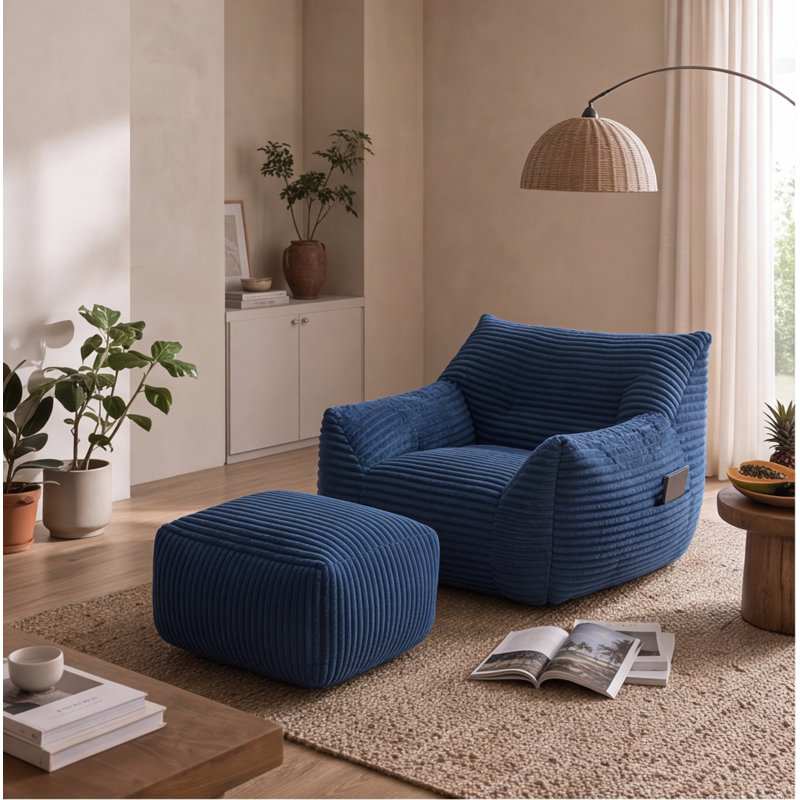 Fauteuil à billes surdimensionné en tissu bleu avec repose-pieds - Canapé confortable pour adultes, salon, chambre à coucher et dortoir