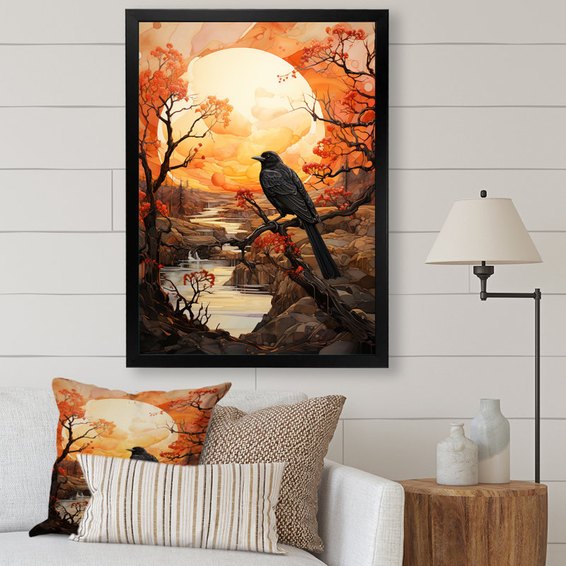 " Bird Tree Silhouette Moon ", Black Picture Frame, 20" H x 12" W x 1" D