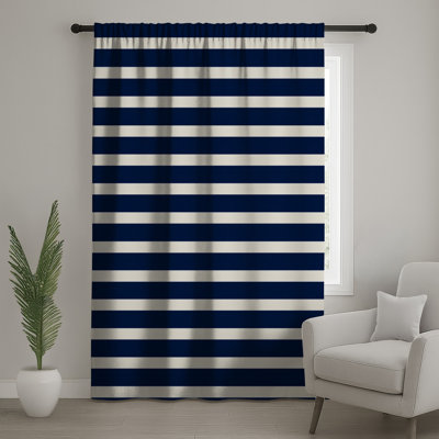 Rideaux de fenêtre bleu marine à rayures et voilages à motif - 1 panneau