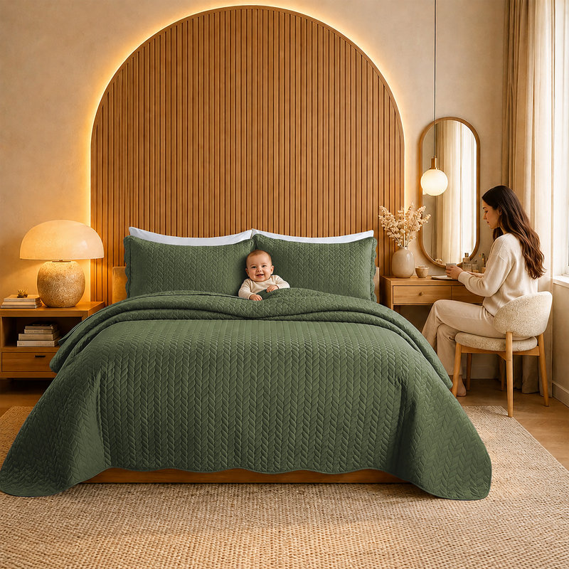 Ensemble d'édredon léger en microfibre avec taies décoratives Oxford, Twin Comforter + 1 Standard Sham, Olive Green