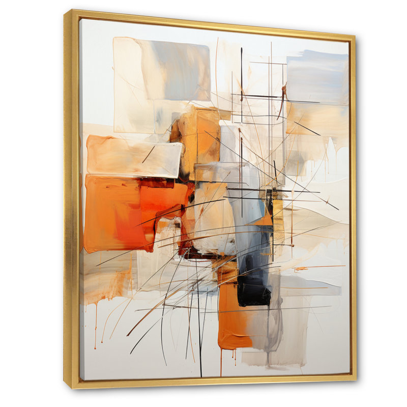 Orange orange et gris, art abstrait sur toile, H 44 po x l 34 po, Reproduction avec cadre flottant, Doré