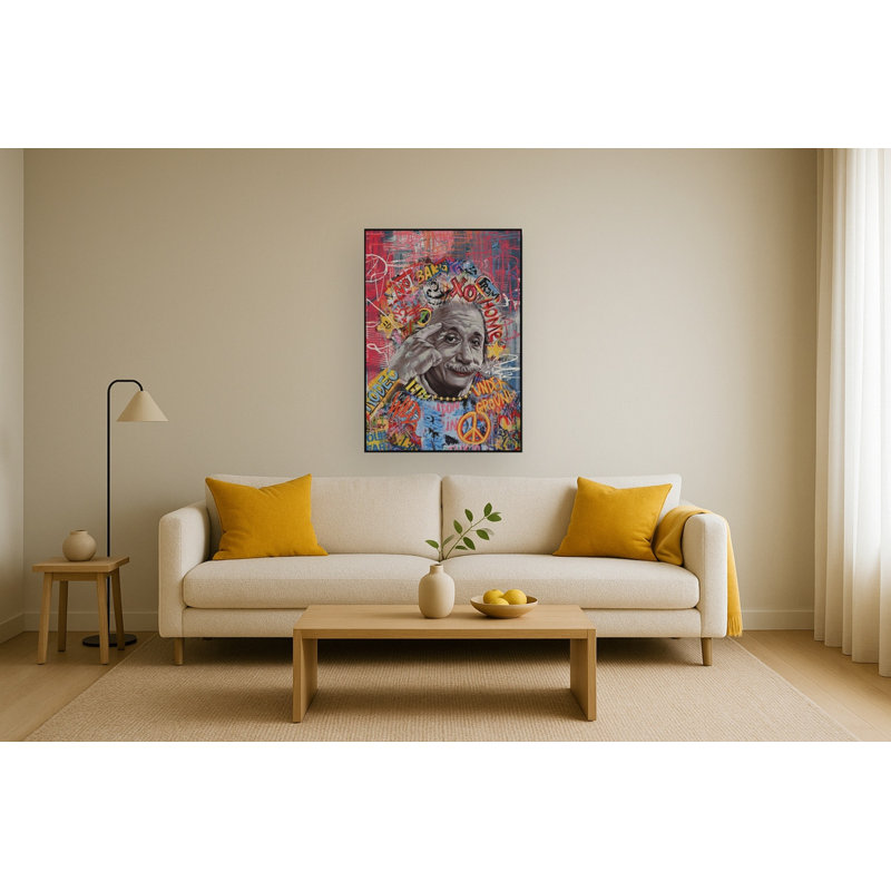 Art mural sur toile Einstein Urban Graffiti Pop - 28 po x 40 po - cadre noir