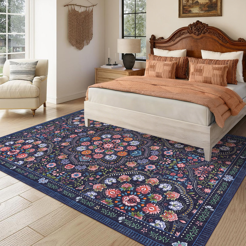 Washable Floral Area Rugs for Living Room Farmhouse Non Slip Soft Thin Large Carpet for Nursery Playroom, Stain Resistant Dining Room Rugs