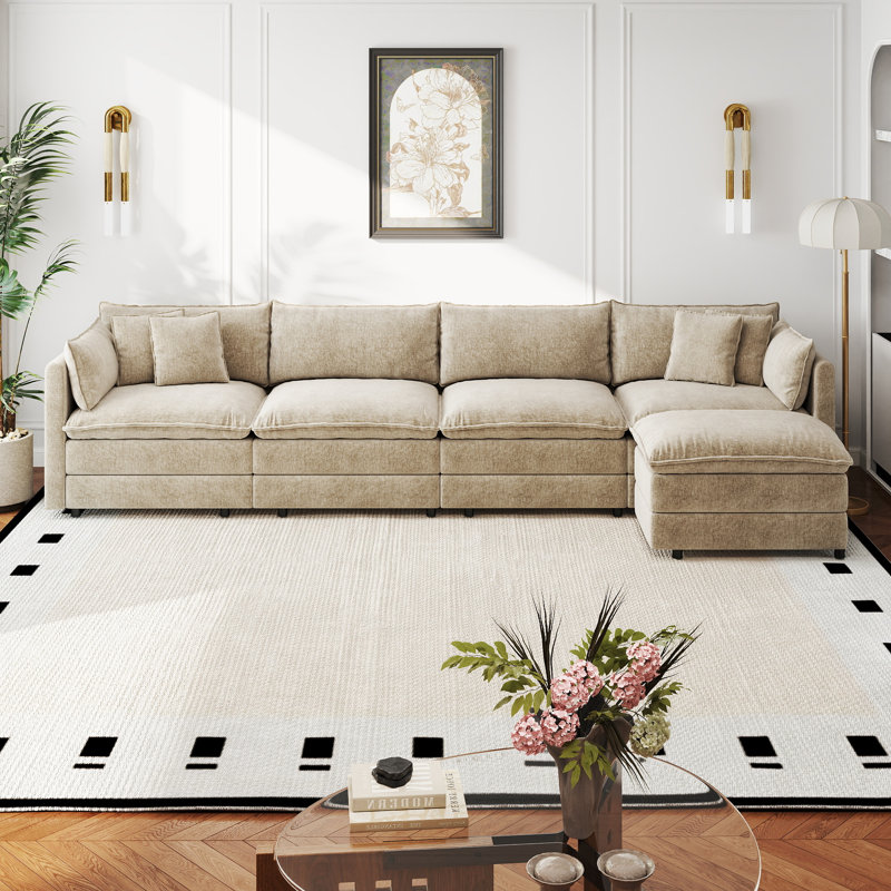 Canapé-lit en chenille moderne avec repose-pieds, H 33,85 po x l 147,22 po x P 35,82 po, Chenille café