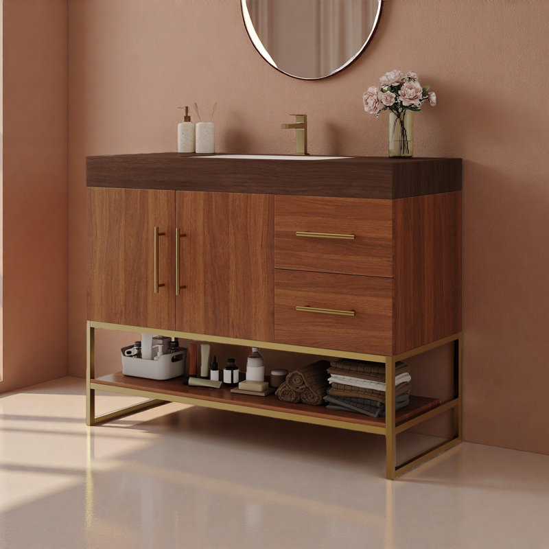Meuble-lavabo moderne 36 po avec lavabo en céramique sans couture et armoire autoportante, Noyer, Brun