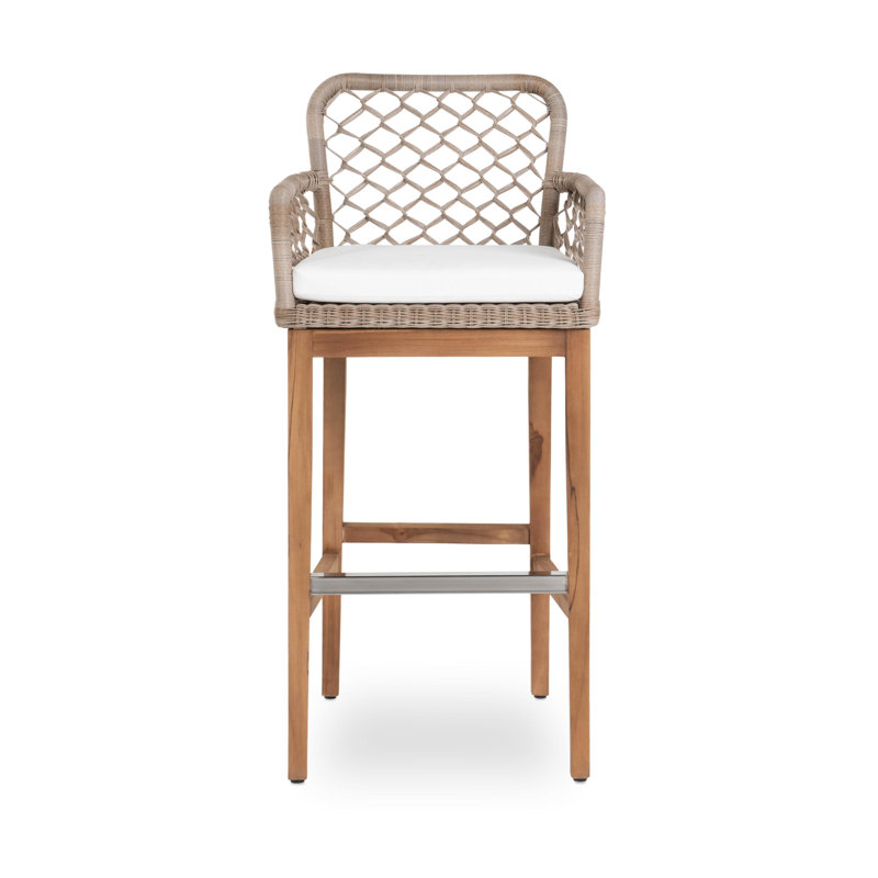 Gray Wicker and Teak Indoor/Outdoor Bar Stool with Cushion