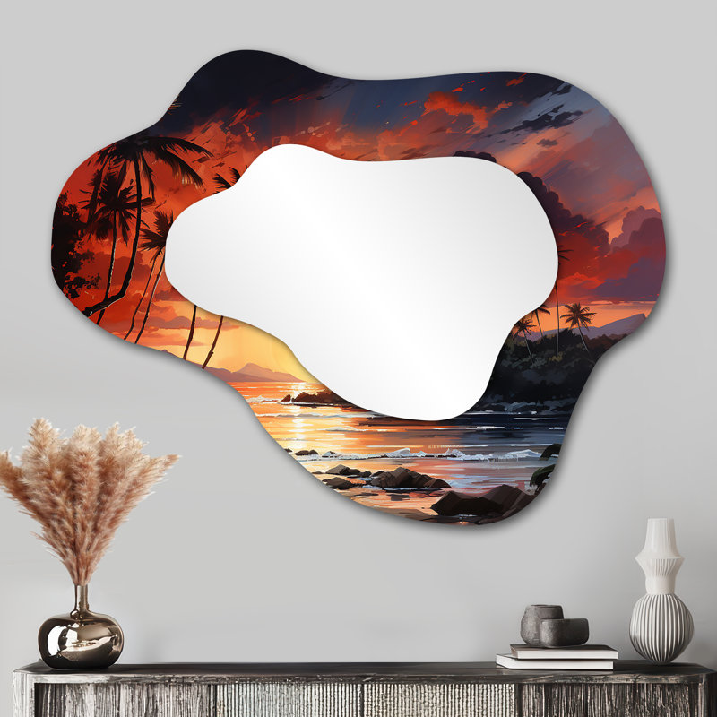 Palm Tress By The Sea At Sunset III - Red Asymmetrical Unique Wall Mirror, Traditional Cloud Mirror, Printed Metal Art