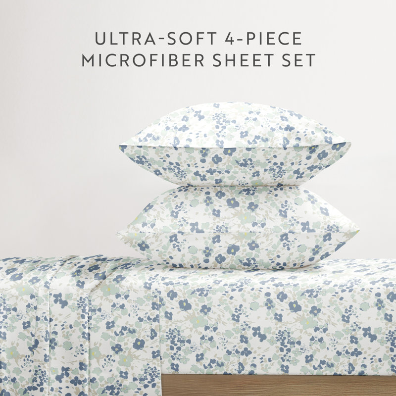 Violets Pattern Microfiber Sheet Set, Cal.King Sheet Set+1 Fitted Sheet + 2 Pillowcases, Violet