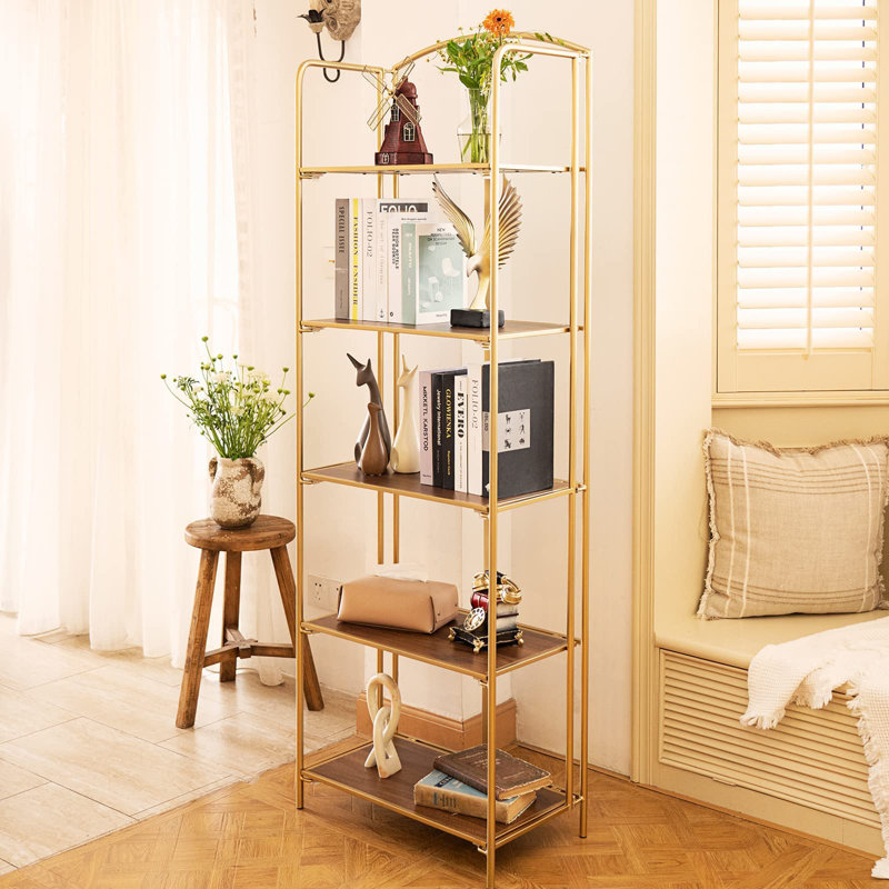 Lejon No Assembly Folding Etagere Bookcase, (5 Shelves ) 66.6" H x 22.9" W x 12.8" D, Gold
