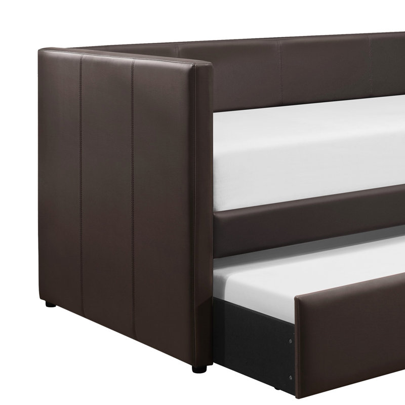 Lit de jour contemporain recouvert de similicuir avec lit gigogne en bois 1pc (Lit de jour), Brun