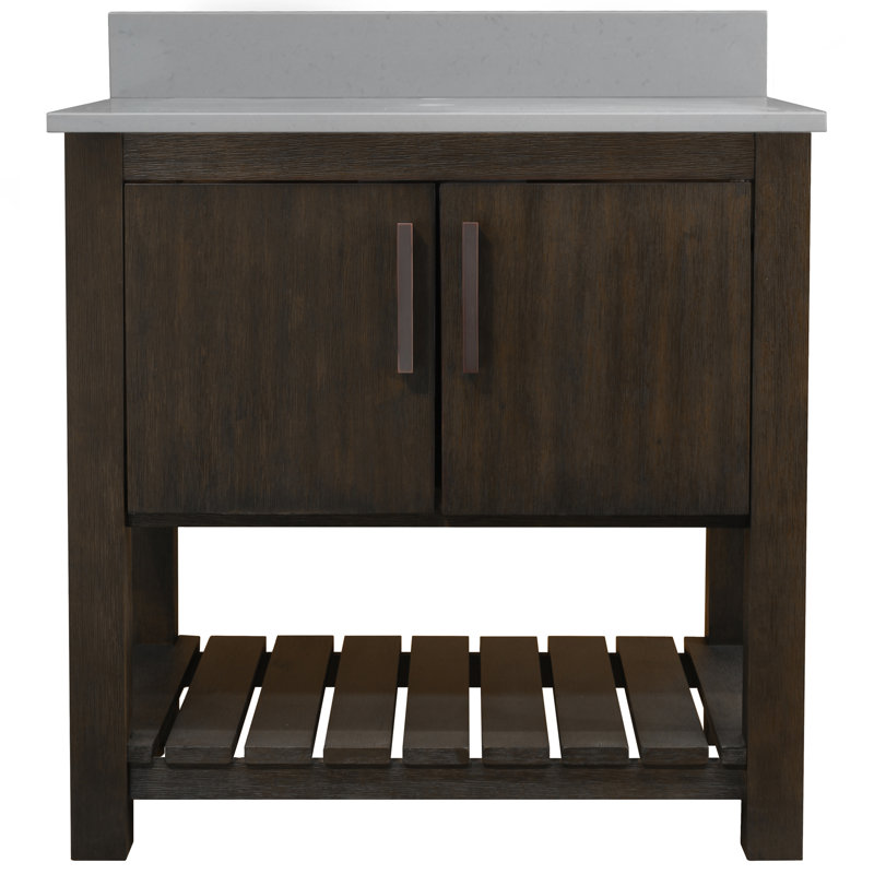 Meuble-lavabo simple 36 po avec comptoir en quartz gris, quincaillerie en nickel brossé et miroir, Bronze huilé