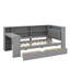 Lit plateforme simple en bois avec tablettes de rangement, tiroirs, station de charge, DEL, bureau et tête de lit tapissier-331482365-331482364