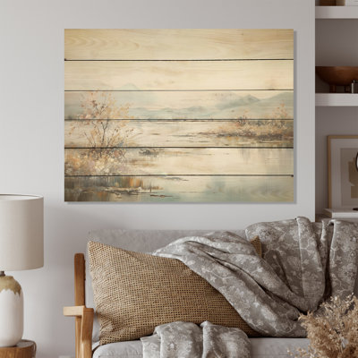 Paysage de montagne étang calme - Art sur bois de pin naturel