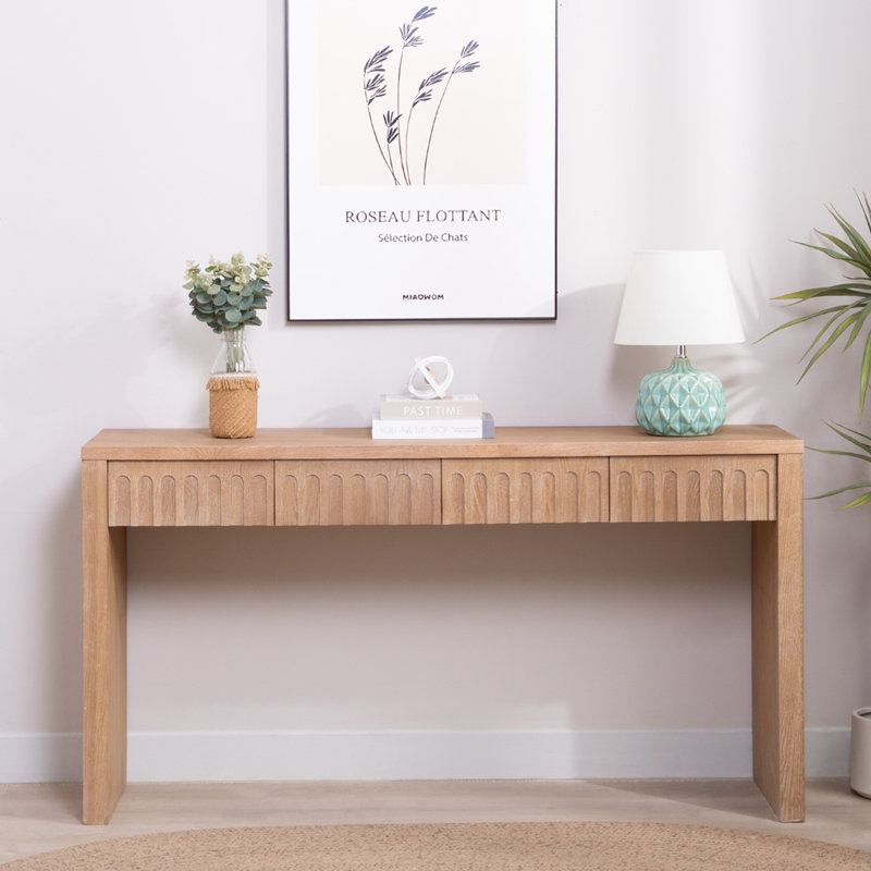 Console moderne avec 4 tiroirs spacieux en bois naturel, parfaite pour les entrées et les espaces étroits, Naturel