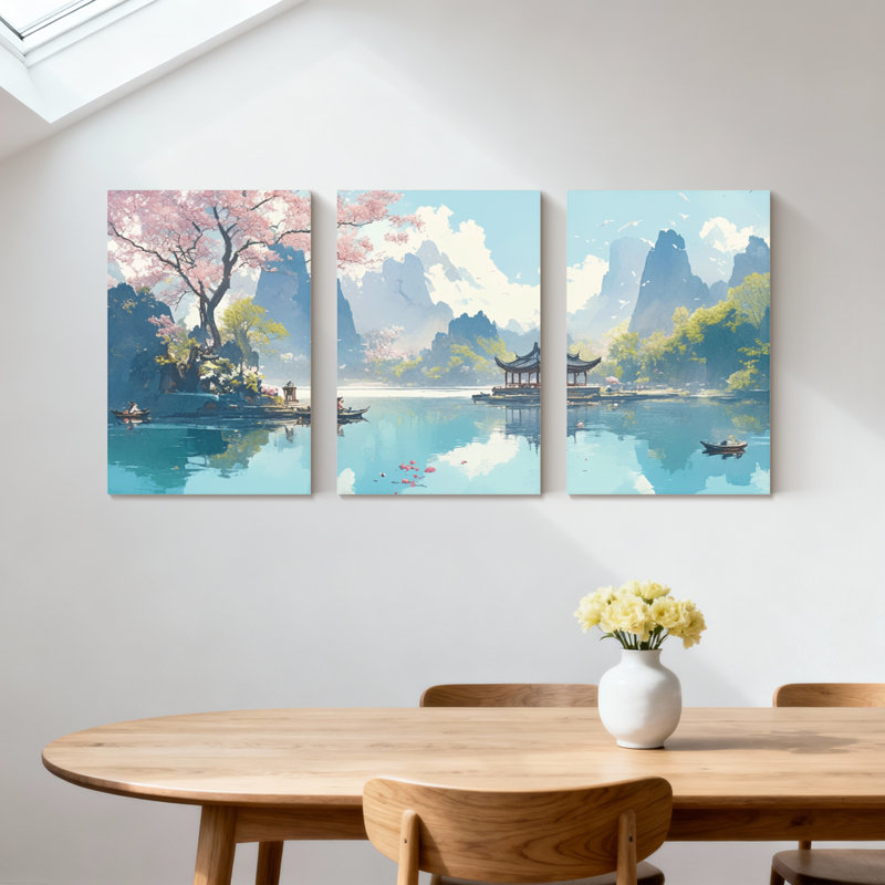 Paysage et nature Cherry Blossom Lake Pavilion Mountains réflexion bateau printemps paysage ensemble de 3 impressions d'art sur toile