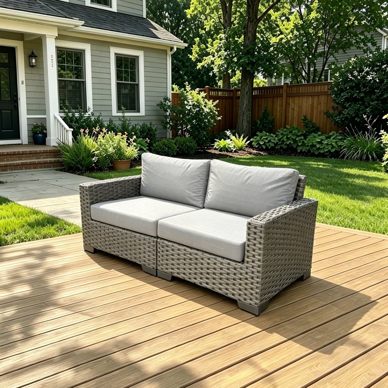 2-Person All-Weather Outdoor Wicker Loveseat Patio Sofa with Cushions, 330 LBS Modular Conversation Bench with Removable Washable Cushions for Backyard, Porch, Deck, Gray