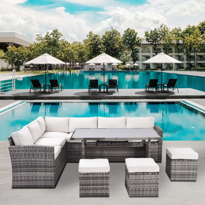 Ensemble de mobilier d'extérieur pour patio, canapé modulaire d'extérieur pour conversation 7 pièces avec table de salle à manger, fauteuils d'angle, repose-pieds, rotin PE toutes saisons et structure en acier, avec dossier et coussins amovibles