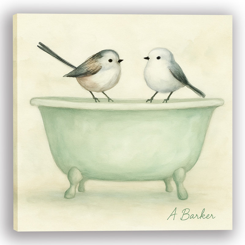 «Bird Bath Buddies» - Art mural sur toile de salle de bain fantaisiste, H 20 po x l 20 po