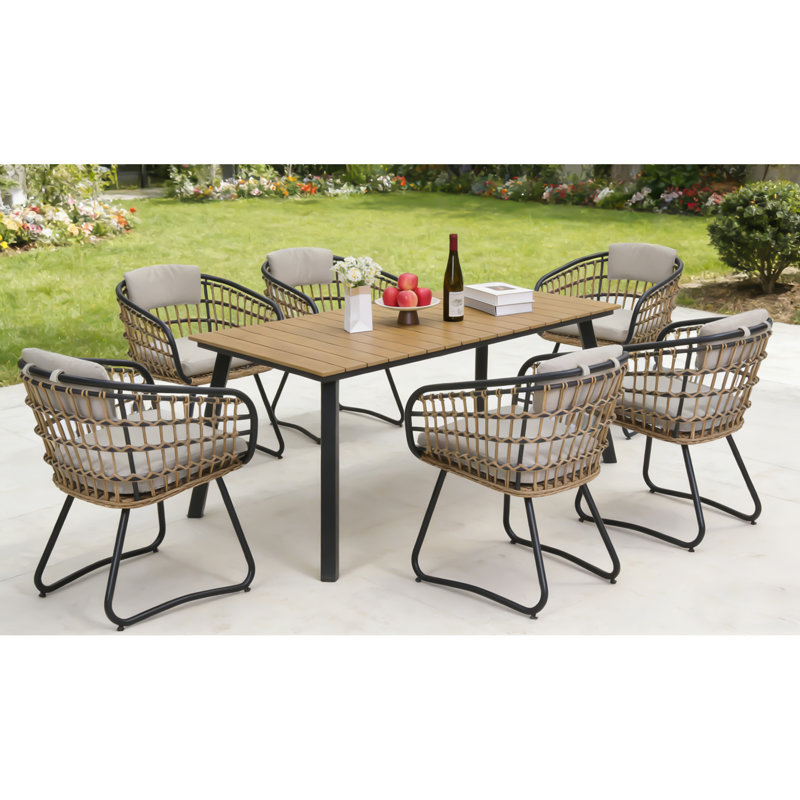 7-Piece Outdoor Wicker Dining Set with Wood-Plastic Composite  board Table