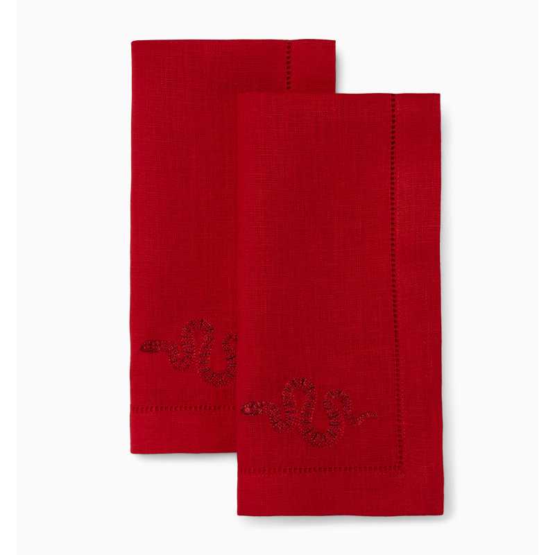Year Of The Snake Linen Square Napkins, Red/Gold