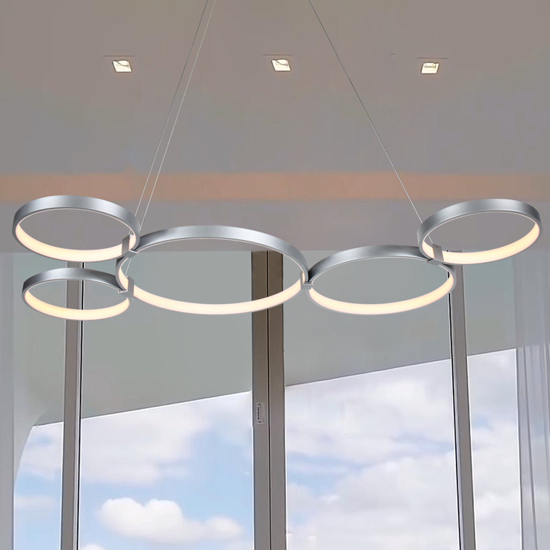 Capella 5-Light Geometric Ring Pendant 50" Integrated LED ETL Certified Adjustable Chandelier, Silver