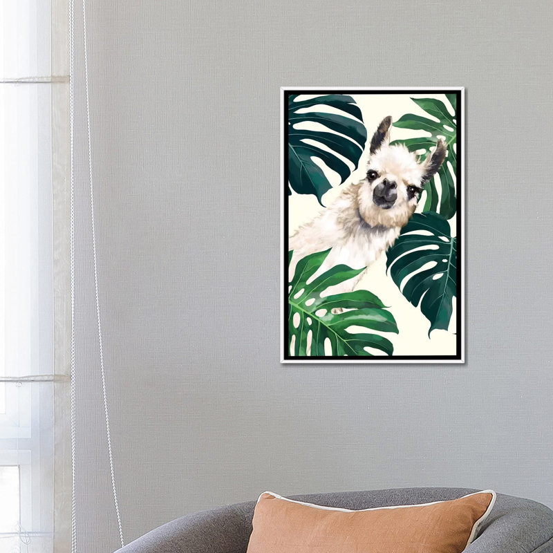 Lama sournois avec art Monstera, H 26 po x l 18 po x P 1,5 po, Toile blanche encadrée
