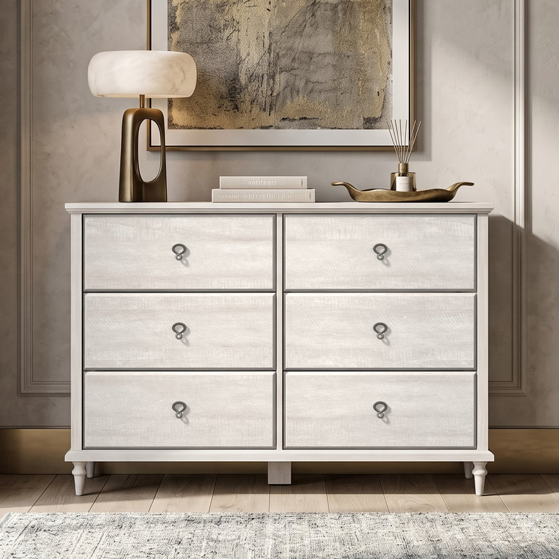 Aleana 46.2" W Solid Wood Tapered Legs 6-Drawer Double Dresser, Dusty Gray Oak