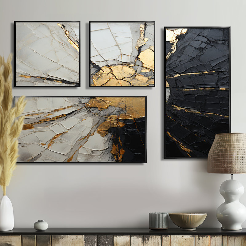Beige noir minimalisme poteries - Beige, reproduction d'art sur toile 4 pièces, Noir, Impression encadrée sans passe-partout