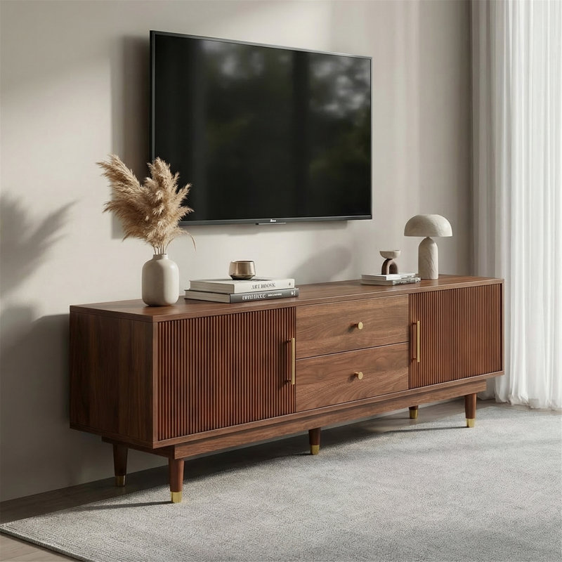 Modern Tv Stand For 75-Inch Tv, 66.9" Media Console With 2 Cabinets & 2 Drawers, Mid-Century Tv Stand For Living Room, Bedroom – Walnut Color