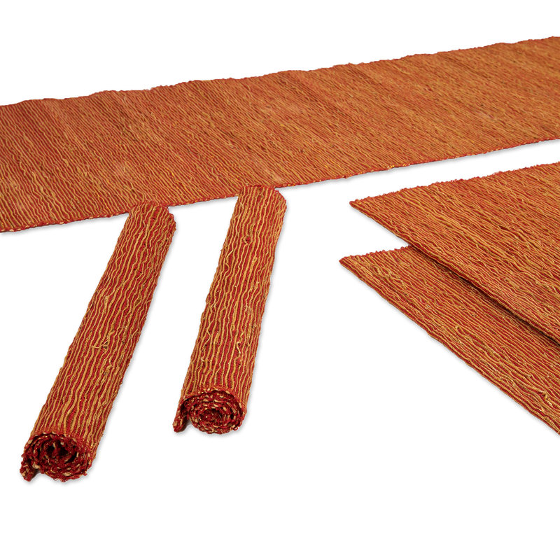 Chemin de table et napperons en mélange de coton fait à la main Novica (5 pièces), Orange
