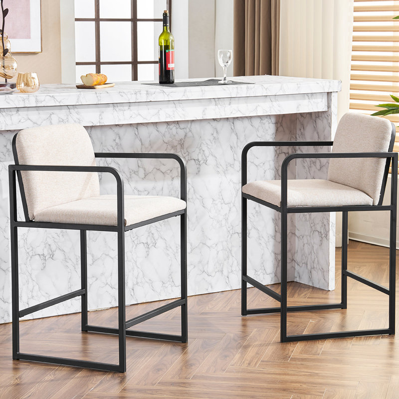 Of 2 Stylish Upholstered Counter Height Bar Stools With , Metal Structure And Beige Upholstery For Home Bar, Kitchen Island, Dining Comfortable Frame