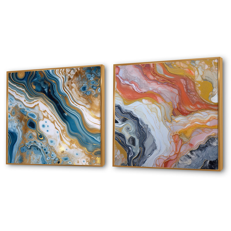Symphonie turquoise sarcelle - ensemble de 3 collages carrés abstraits, H 16 po x l 33 po, Cadre flottant doré