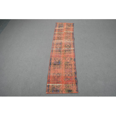 Vintage Turkish Oushak Wool Runner Rug for Kitchen and Corridor in Rich Red Tone