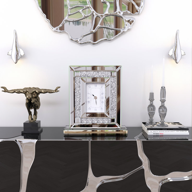 Mirrored Glass Desk Clock Crushed Diamond Mirrored Decorative Art Table Clock Silver