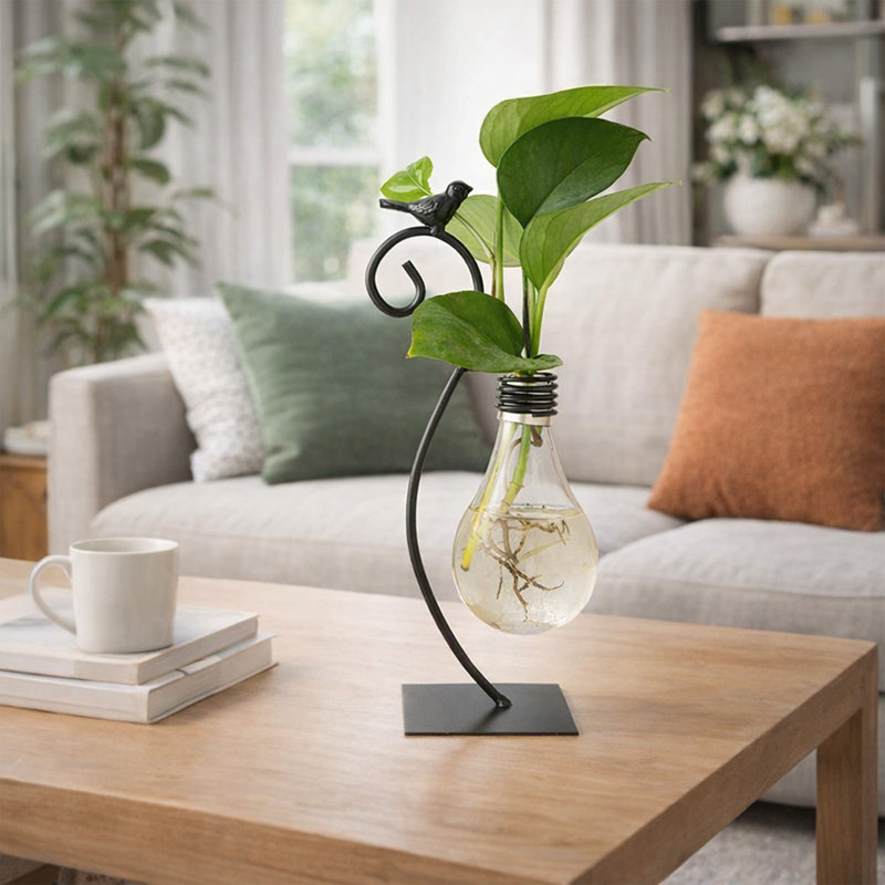 Vase en verre avec support à oiseaux en métal, terrarium hydroponique pour décoration intérieure