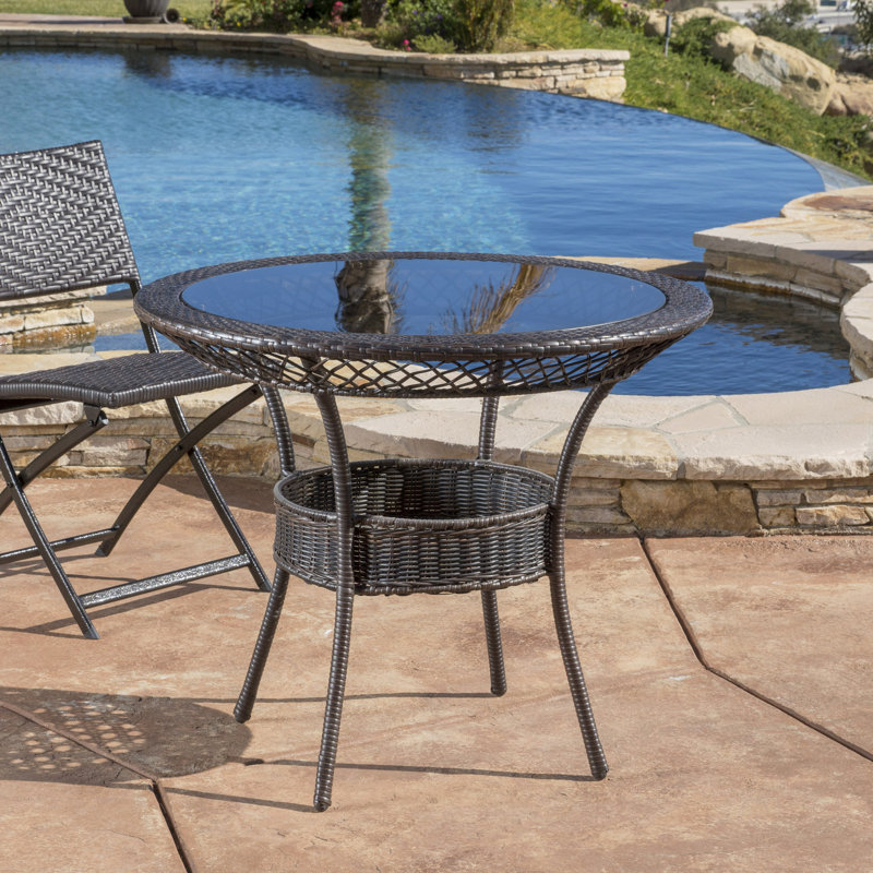 27" Glass Table: Tempered Glass Top & Storage Basket, Durable PE Wicker/Iron Frame, 27.51" H x 34.01" W x 34.01" D