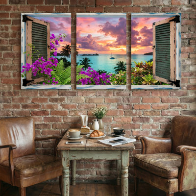 Paysage et nature Coucher de soleil tropical à travers une fenêtre avec des fleurs