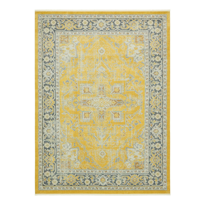 Tapis à motif oriental jaune / bleu / rose Folmar, Rectangle 5 pi 5 po x 8 pi