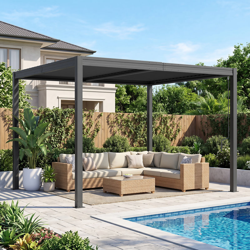 Pergola d'extérieur en métal avec toit réglable et système de drainage Domi, 91.57" H x 148.94" W x 148.94" D, Gris