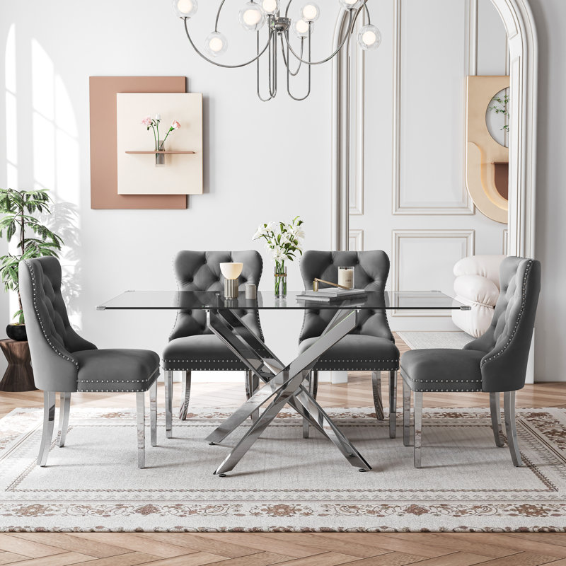5-Piece Rectangular Glass Dining Set, 63" Modern Tempered Glass Dining Table With Velvet Upholstered Seats, Gray/Silver