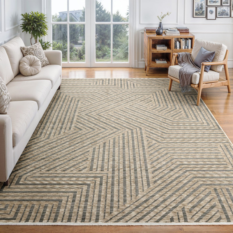 Eidan Industrial Geometric Lines Beige/ Grey Area Rug, Rectangle 6'7" x 9'9"
