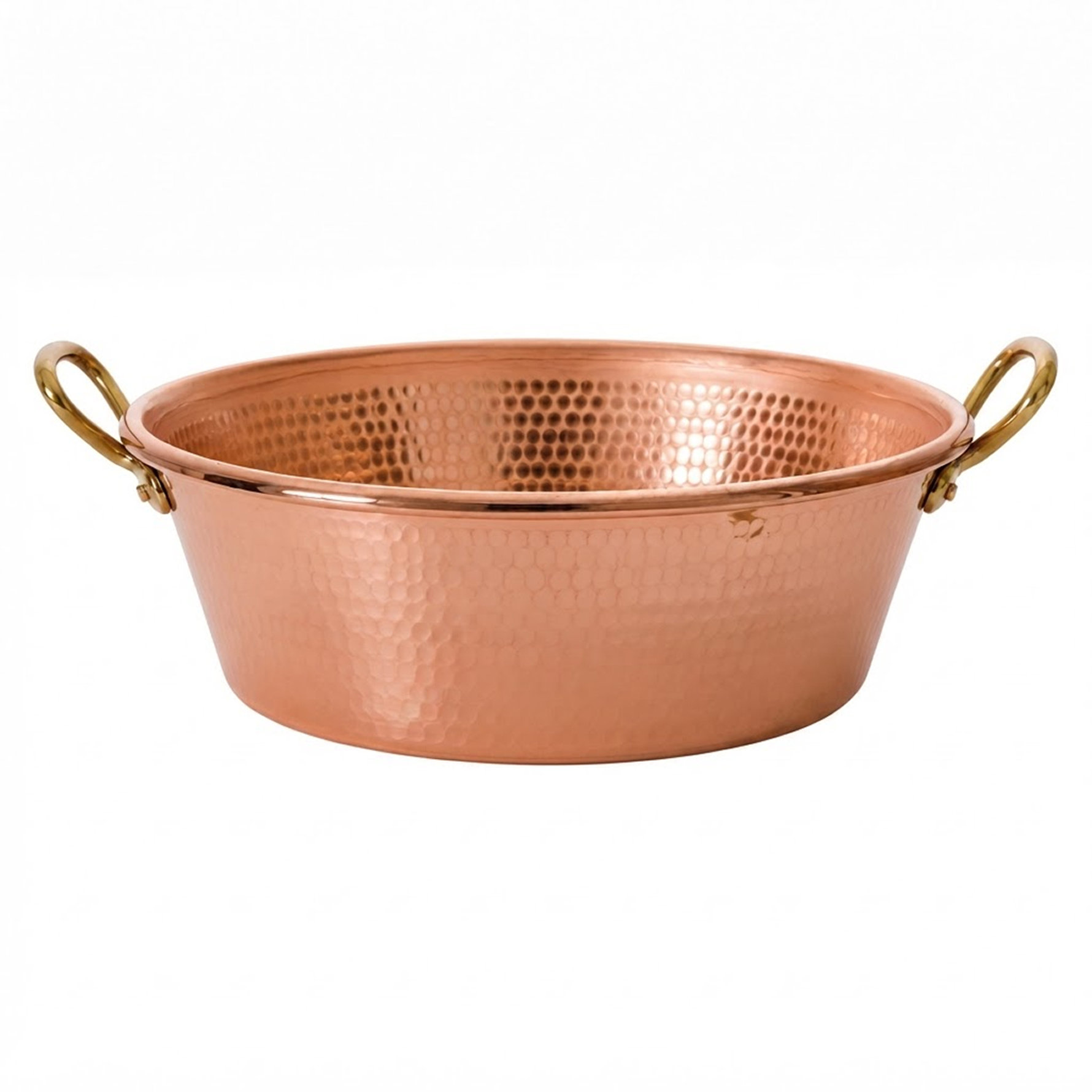 Round, hammered copper mixing bowl with dual brass side handles against a plain white background.
