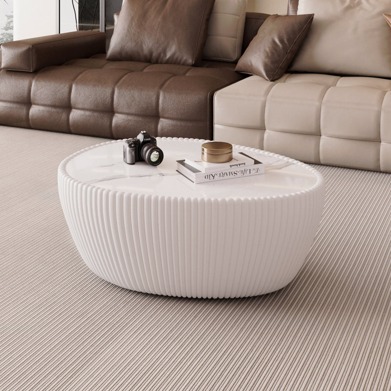 Modern Coffee Table, Light Sintered Stone Goose Egg Shape Top with White PU, Unique Pattern, White