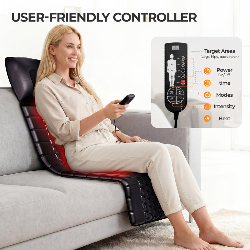Tapis de massage complet pour le corps avec chaleur, coussin de massage détachable, soulagement de la douleur des tissus profonds, 10 moteurs vibrants et 9 réglages de vitesse pour se détendre à la maison ou au bureau
