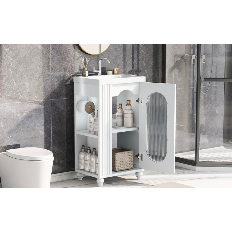 Meuble-lavabo de 20 po avec lavabo en céramique, porte blanche moderne et tablette de support de parfum