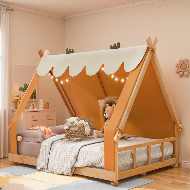 Lit maison avec tente et lumière, Lit double, Brun
