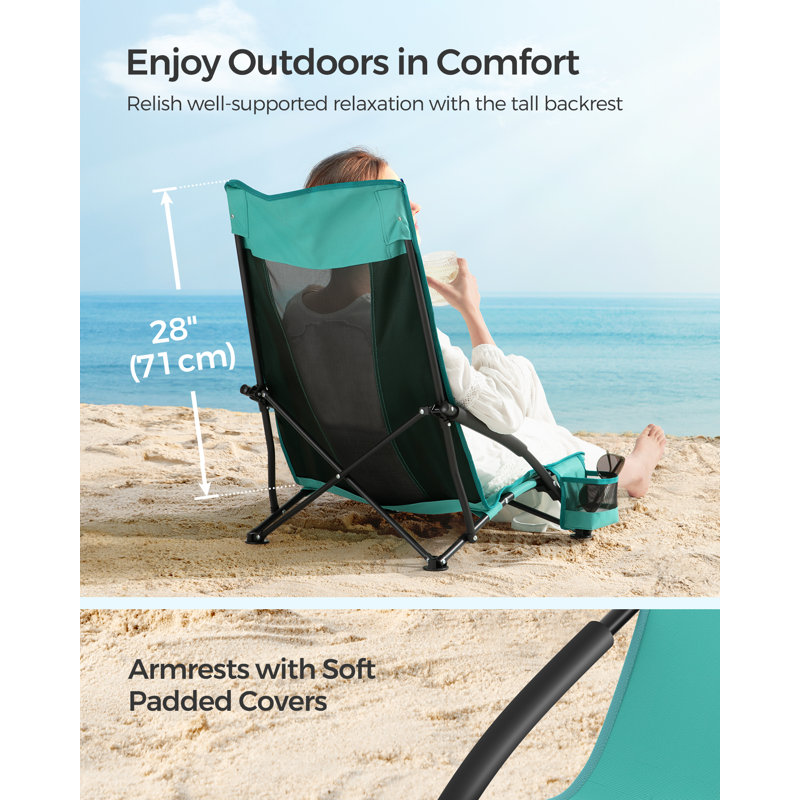 Set Of 2 Portable Beach Chairs For Adults, Max. Load 330 Lb Each, High Backrest, Cup Holder, Lightweight, Heavy-Duty, Green