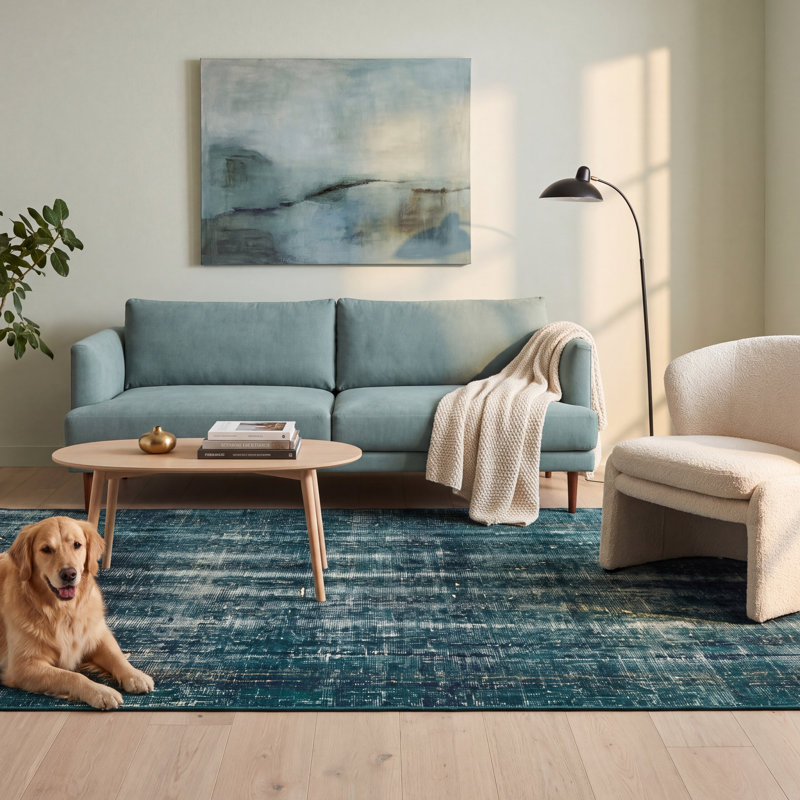 Tapis Pewter2 moderne vieilli uni bleu sarcelle et blanc, lavable à la machine, antidérapant, à poils courts, pour l'intérieur et l'extérieur, adapté aux animaux domestiques, idéal pour le salon, la chambre, la salle à manger, l'entrée, le corridor ou le bureau.