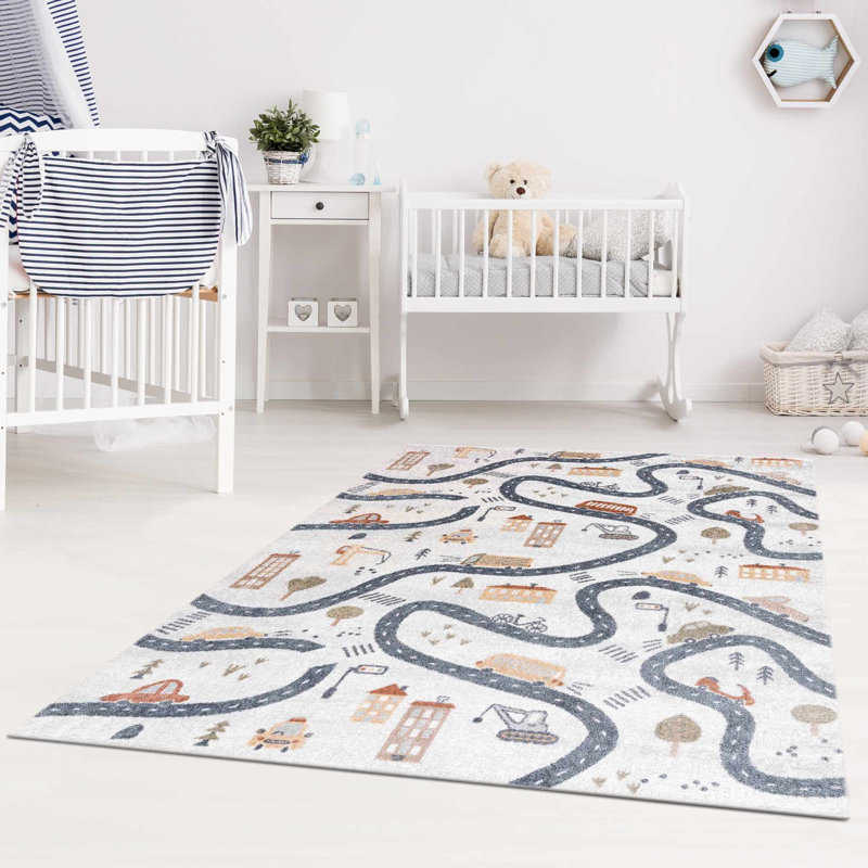 Tapis beige / bleu en polyester tissé à la machine Aaliyan, Rectangle 5 pi 3 po x 7 pi