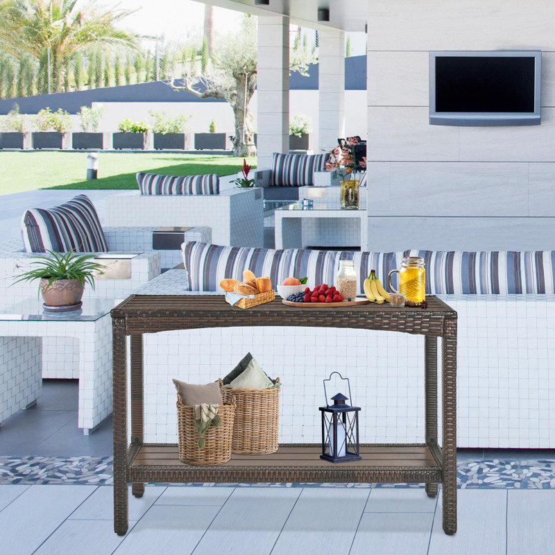Outdoor Console Table Patio Buffet Bar Storage Organizer 45" Long Wicker Sofa Serving Sideboard Table 2-Shelf Outdoor Bar Table Tall Rectangle Narrow With Adjustable Feet For Entryway Balcony Brown